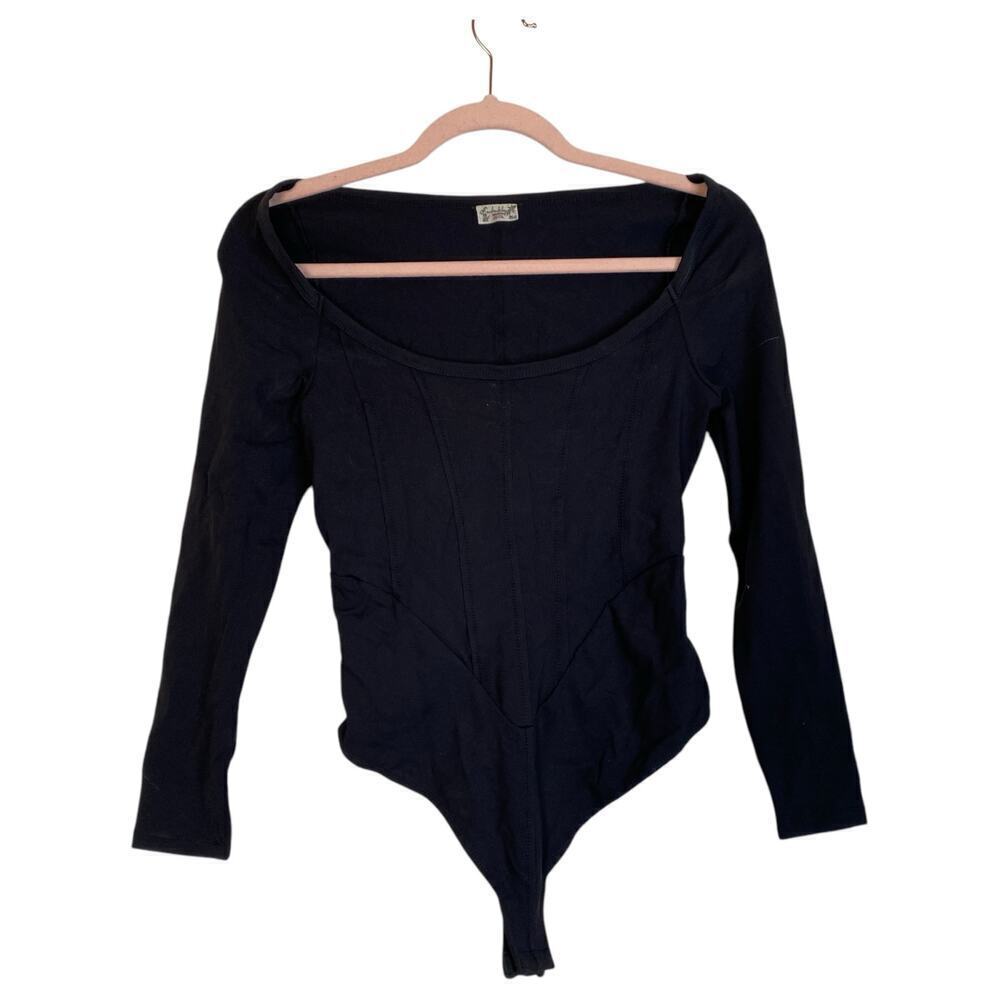 FREE PEOPLE Intimately Black Thong Corset Bodysuit Bustier Long Sleeve Small